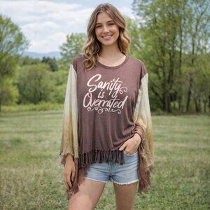 Upcycled T Shirt Poncho Handknotted Beaded Fringe Sanity Cloth Ombre Sleeves